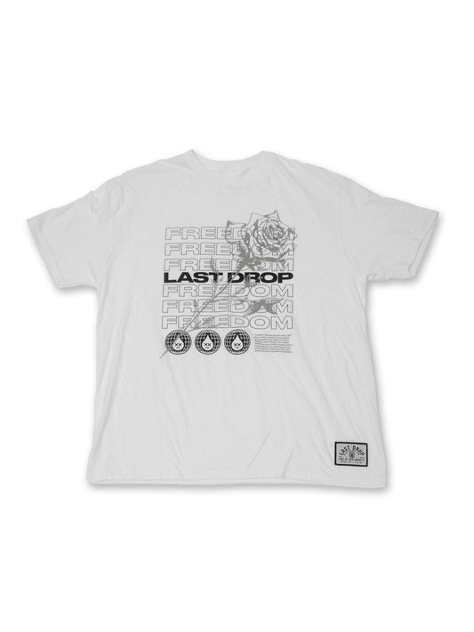 A sustainable white rose shirt that supports a sober cause, featuring the phrase "Last Drop"