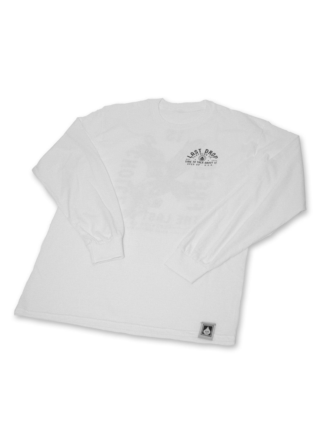 A white long-sleeve t-shirt with an image of a horse representing strength and freedom.