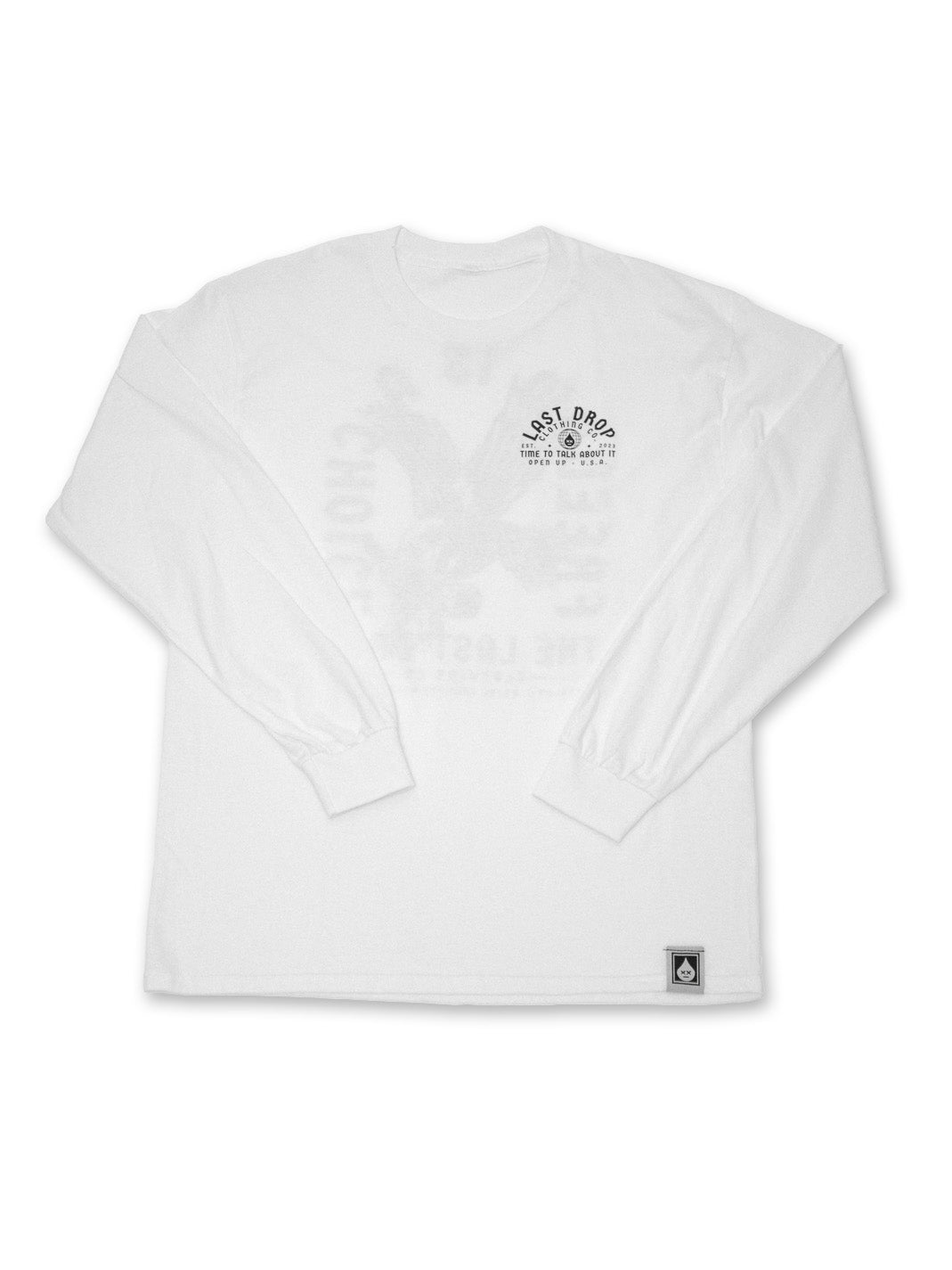 A white long-sleeve t-shirt with an image of a freedom eagle.
