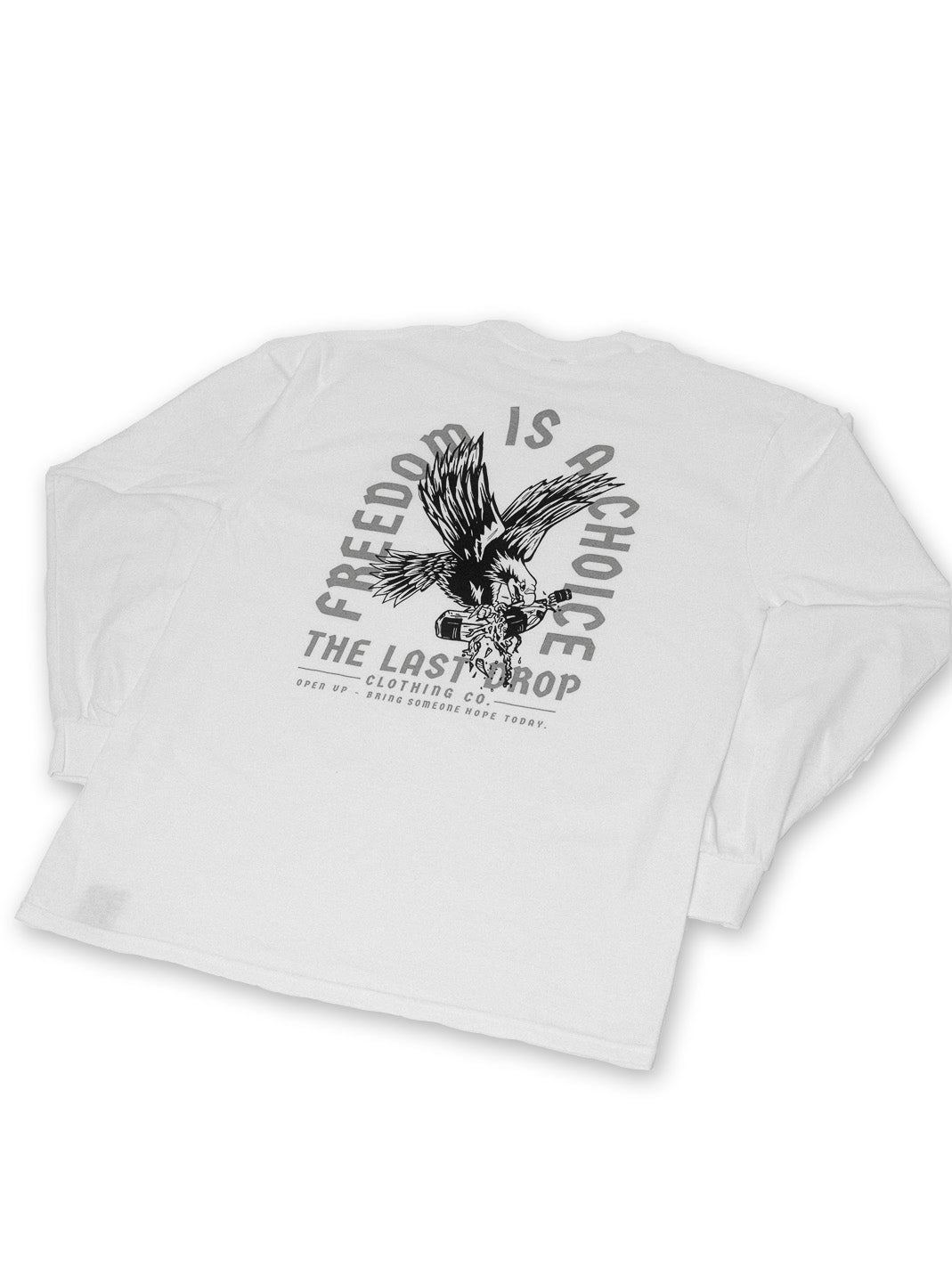 This soft, breathable white long sleeve t-shirt features a screen-printed tattoo eagle design on quality cotton fabric.